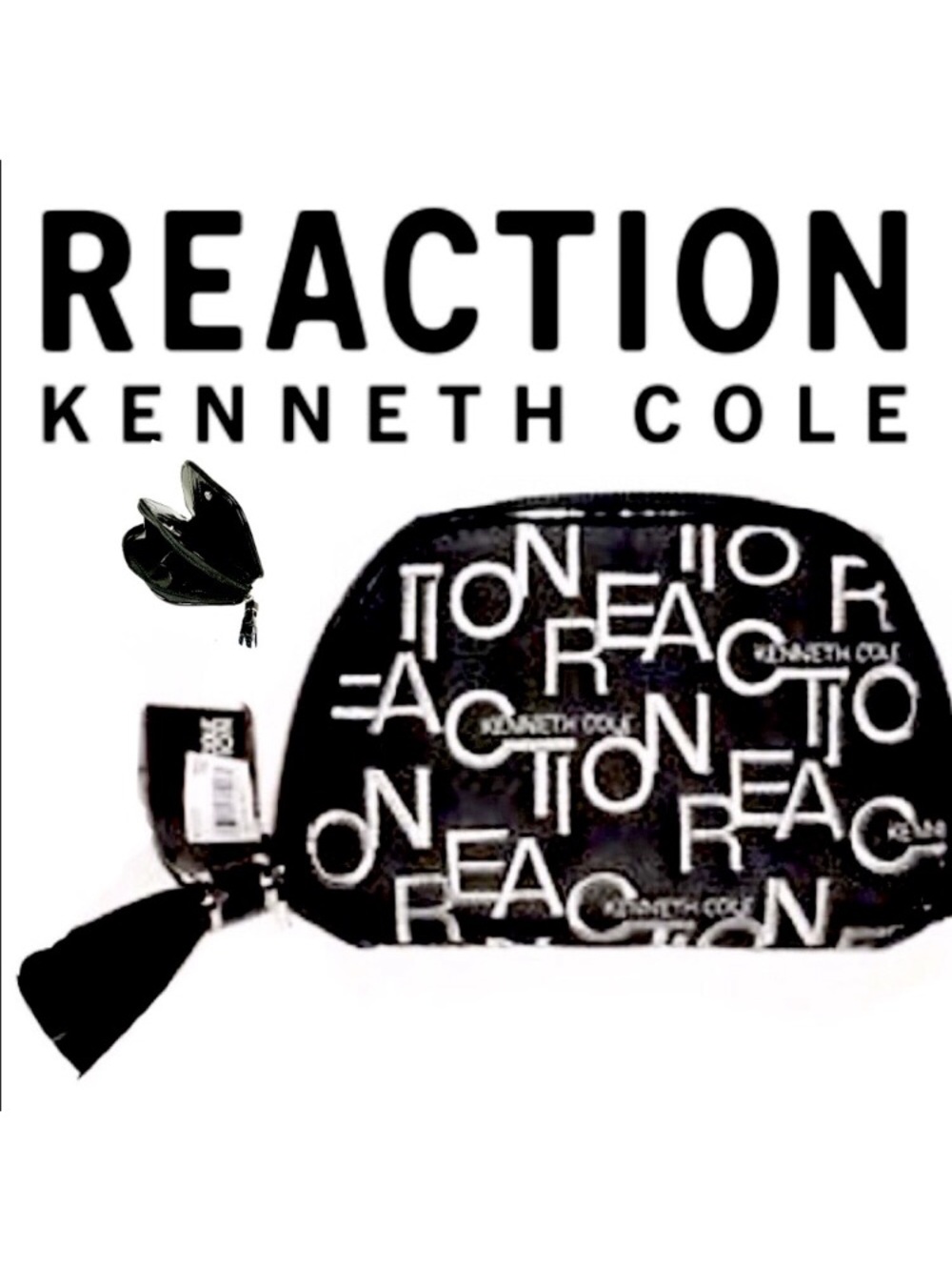 NWT $48 KENNETH COLE REACTION Embroidered Logo Mini Wallet Tassel Zip BLACK